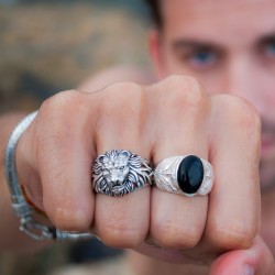 Anillo de plata hombre con piedra, anillo rectangular ónix negro o turquesa